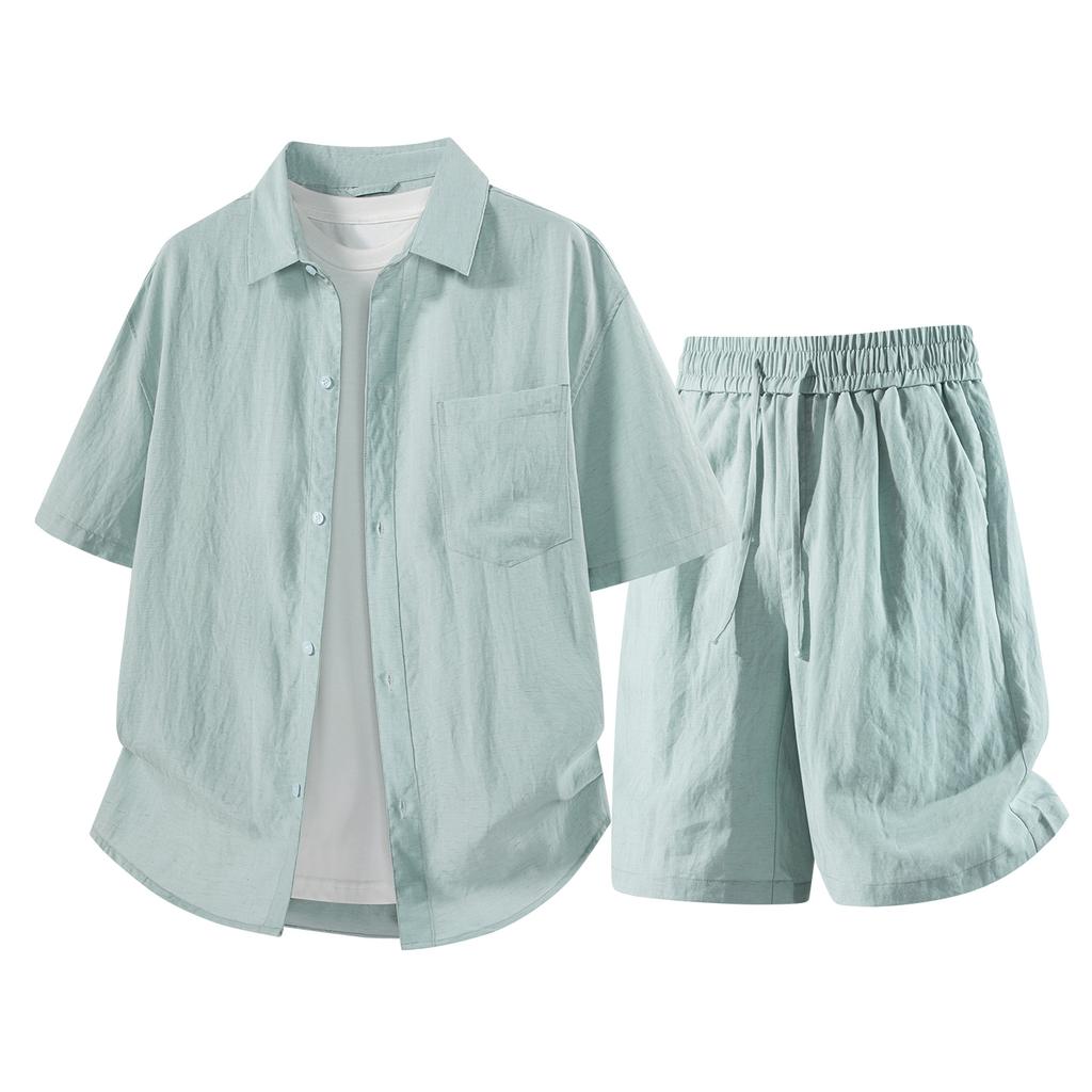 Summer Solid Color Basic Versatile Ice Silk Set Men's Shirt Short Sleeved Set Men's Two-piece Set
