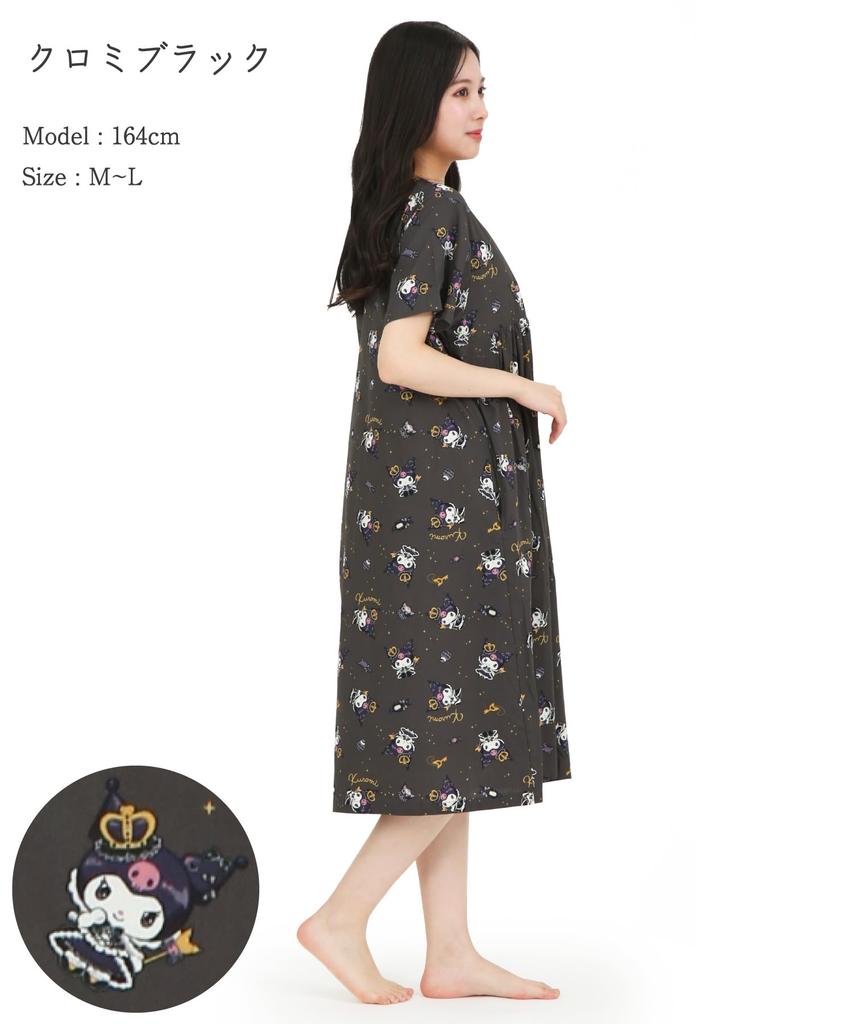 SAZAC Kuromi Cotton Loungewear Dress, 100% Broadcloth, Button-Front, Women's Nightgown, (Black/M-L/SAN1903)