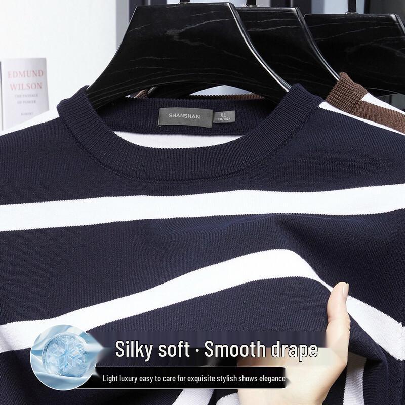 SHANSHAN Men s Ice Silk Striped Knit Short Sleeve T-Shirt 3XL