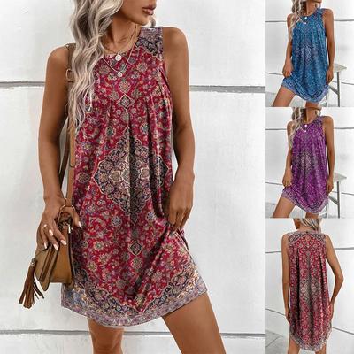 Kadın Yaz Rahat Kolsuz Retro Baskı Sundress Tek Parça Elbise