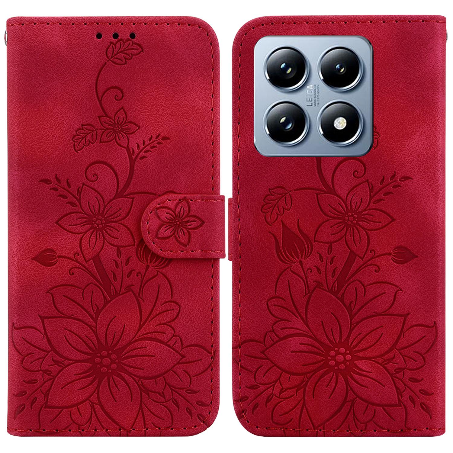 

For Xiaomi 14T Pro Case Lily Flower Imprint Leather Phone Cover with Stand Red