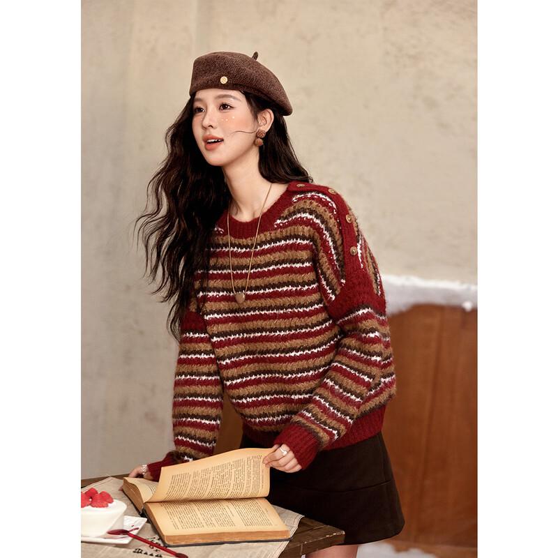 Женский винтажный полосатый вязаный свитер с круглым вырезом One Size