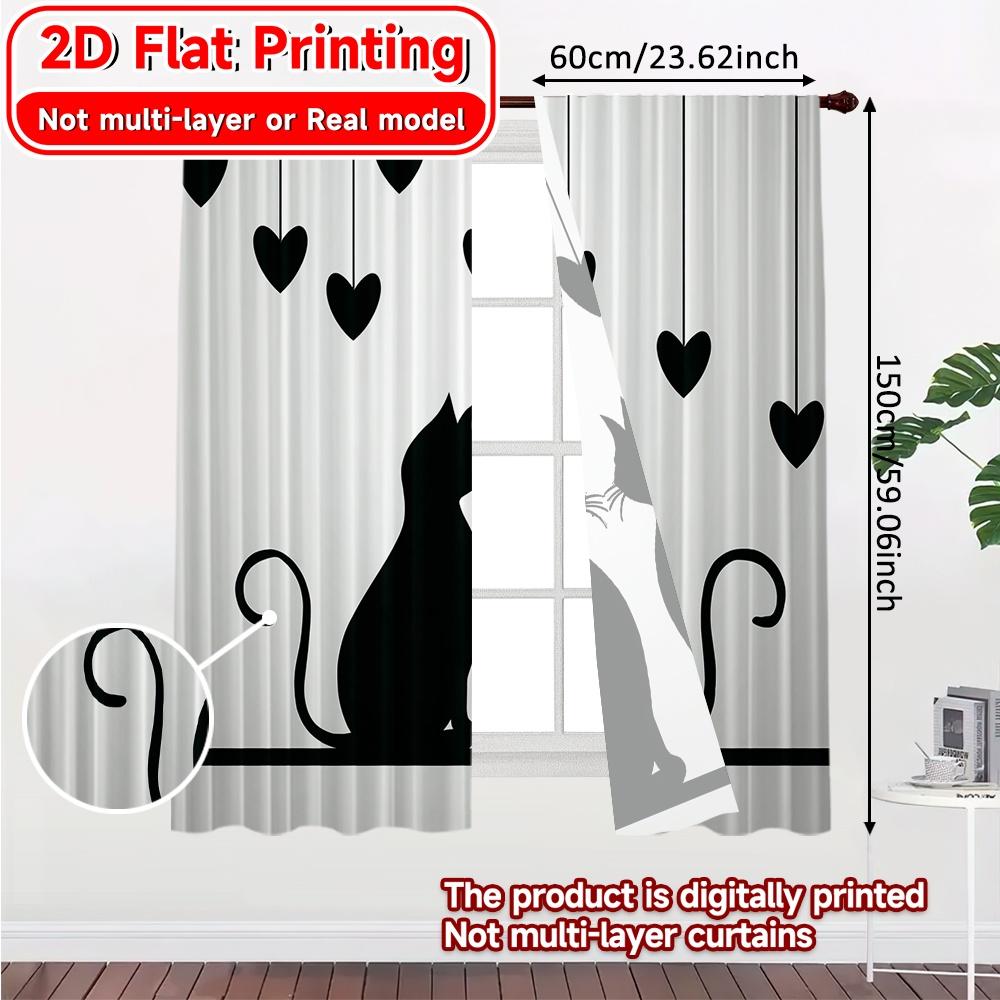 Set aus 2 flachen Druckvorhängen ohne Stange Design mit Katzen-Silhouette Neujahrsfest Beliebte Vorhänge Polyester Einfach herzustellen