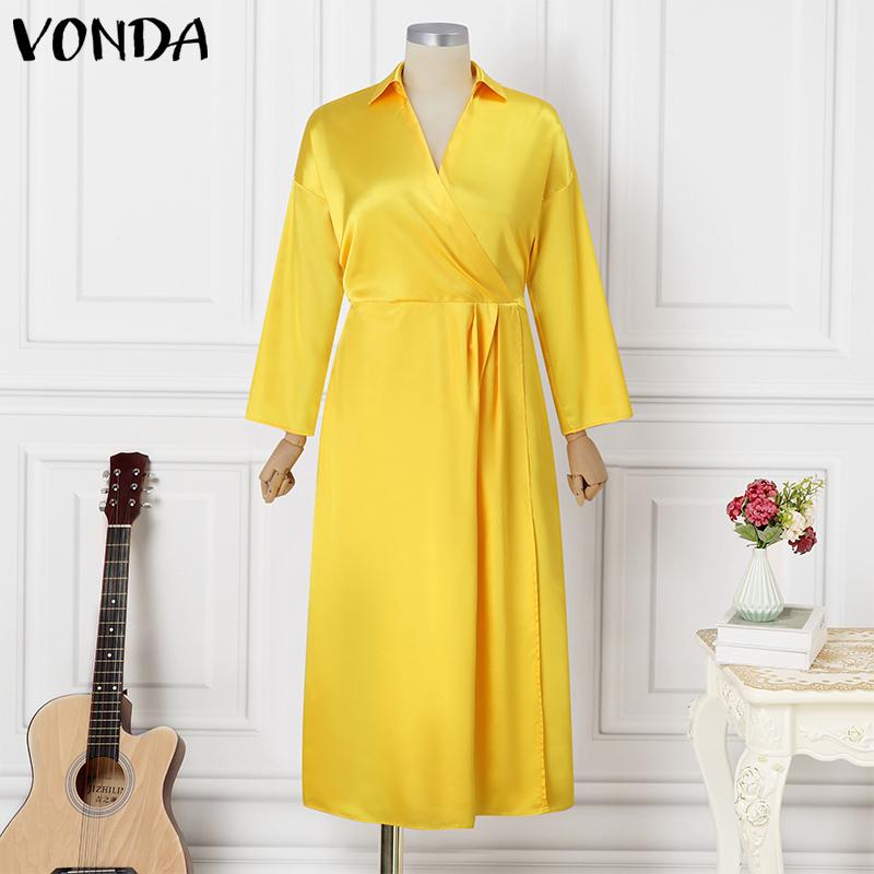 VONDA Vestido camisero de manga larga de satén con abertura en color liso a la moda para mujer