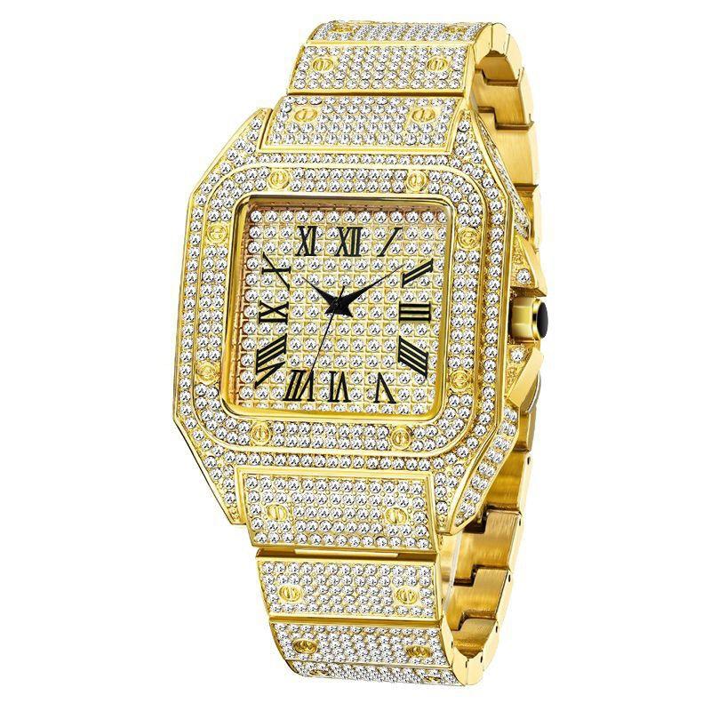 Missfox Gold Roman High-End Hip Hop Gypsy Star Diamond Square Men S Watch Fashion Quartz Watch