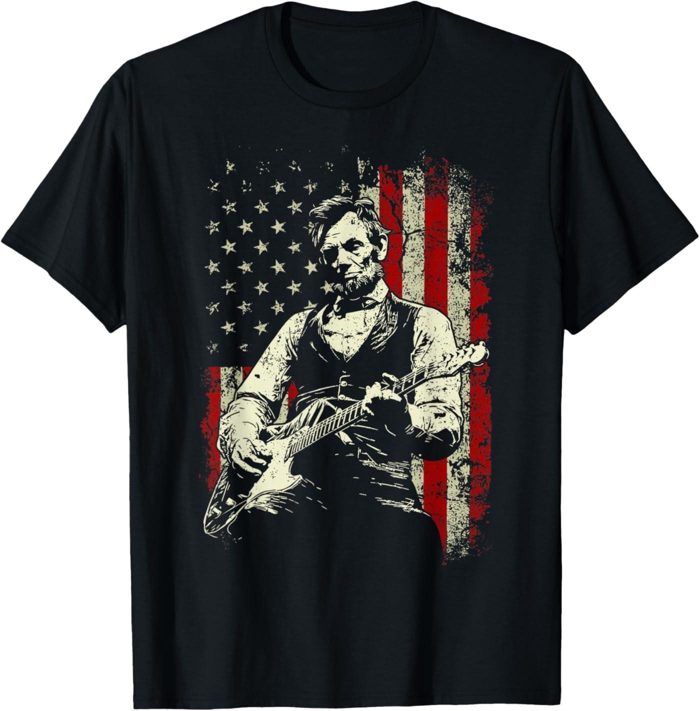 Abraham Lincoln Playing Guitar Rock and Roll American Flag T-Shirt M