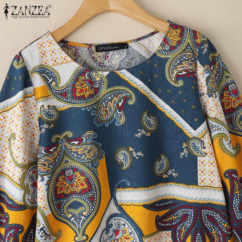 ZANZEA Damen Freizeit Rundhals 3/4 Ärmel Retro Print Bluse