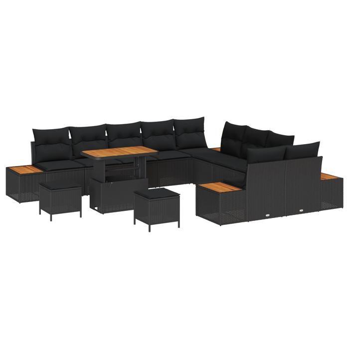 Ensemble de 13 pièces de canapé de jardin avec coussins, noir, poly rotin, acacia 3364924