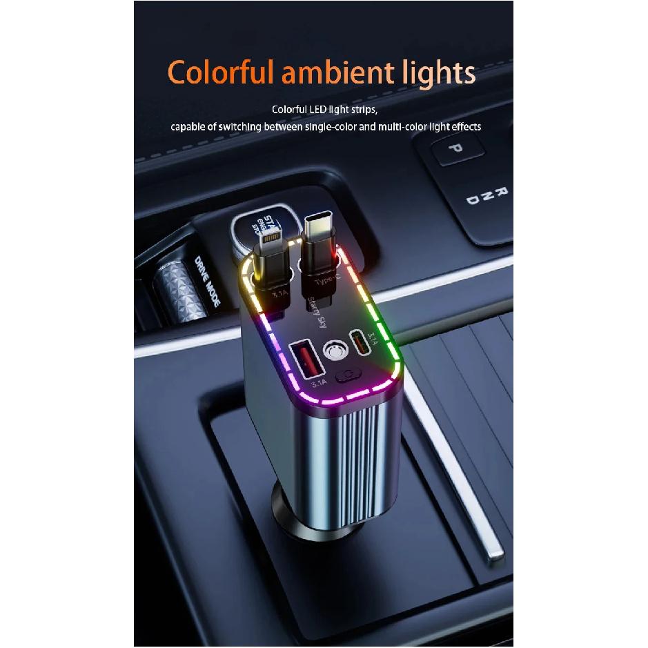 ZRGAE 5 IN 1 Retractable Car Charger 152W Fast Charging Starry Sky LED Lights USB Type-C Power Adapter For iPhone Android