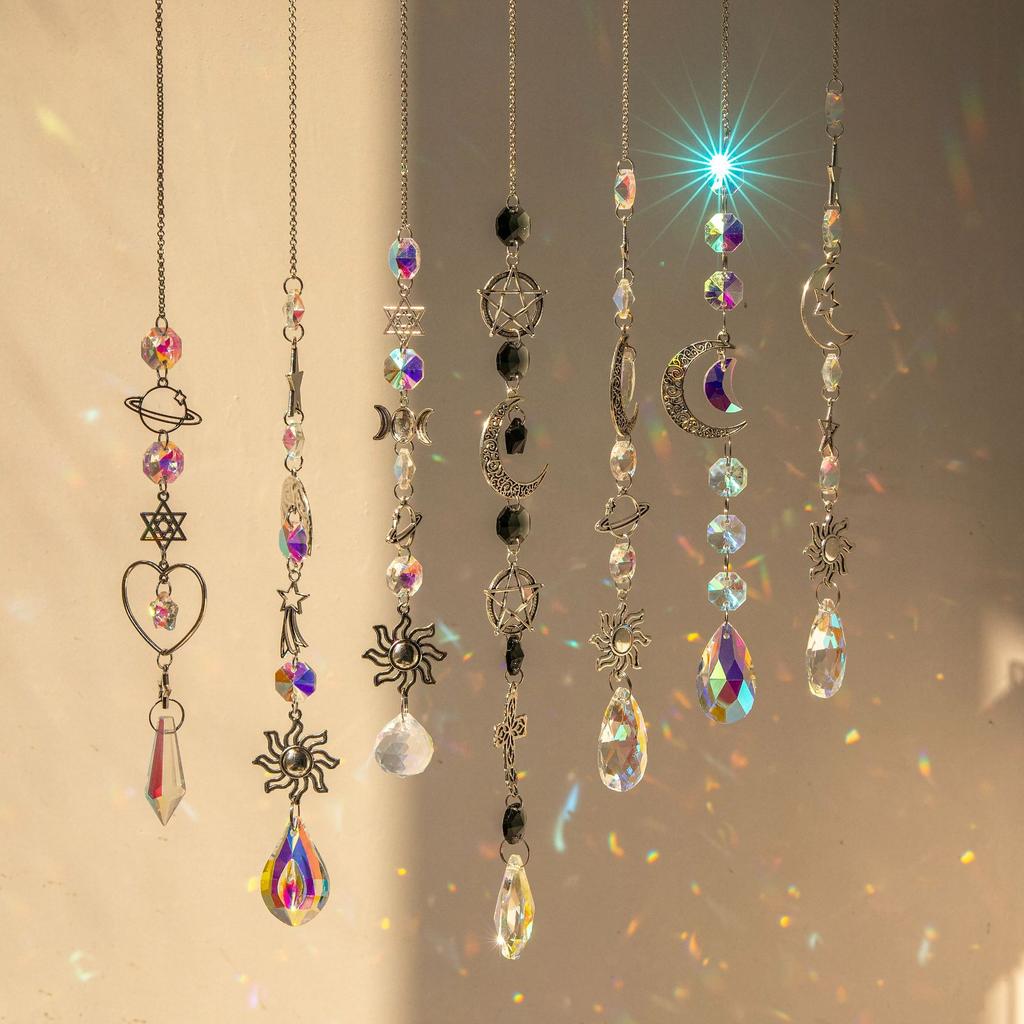 1PC Crystal Wind Chime with Moon Sun Catcher Diamond Prisms Dream Catcher Rainbow Pendant for Home Garden Decor