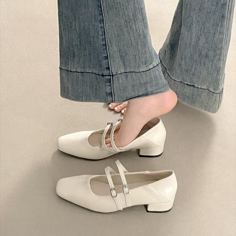 Square Toe Low Heel Women Silvery Mary Jane Shoes Fashion Elegant Belt Buckle Shoes Ladies Comfort Street Style Leather Shoes