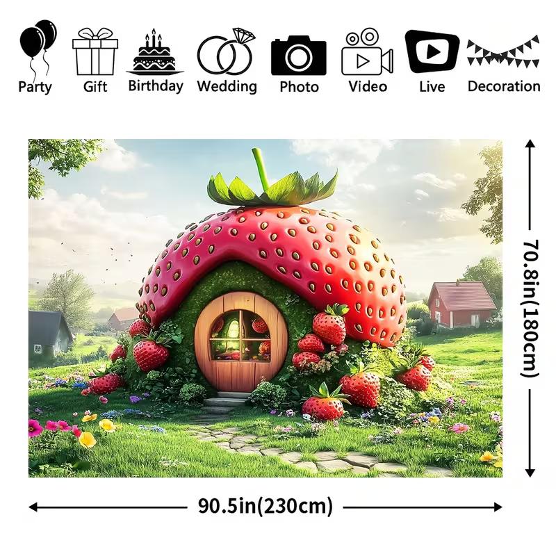 2D Enchanted Strawberry House Backdrop Spring Garden Party Background