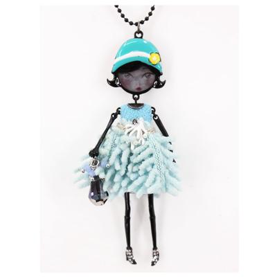 [R6263] - Designer Long Necklace 'Lilipoupettes' (articulated Doll) Black Turquoise - 80 Cm - 11x5 Cm