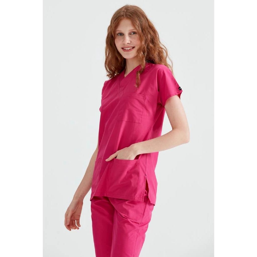 Fuchsia Monochrome Lycra Fabric Surgical Suit V-neck Uniform
