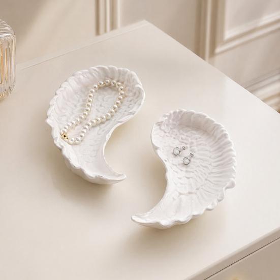 White Feather Jewelry Tray, Plaster Feather Trinket Dish, Decorative Wing Jewelry Dish for Earrings Necklaces Bracelets Dressing Table Decor