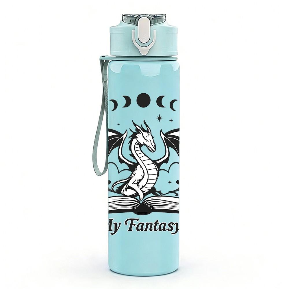 1PC In My Fantasy Era Dragon Print 750ml Color Plastic Sports Water Bottle Leakproof Flip Straw Lid Suitable for Sports Office Home Use