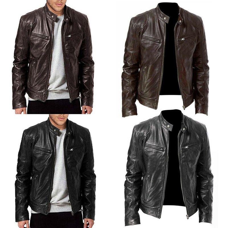 Classic Men's Faux Leather Jacket With Stand Collar For A Sleek Motorcycle Biker Look