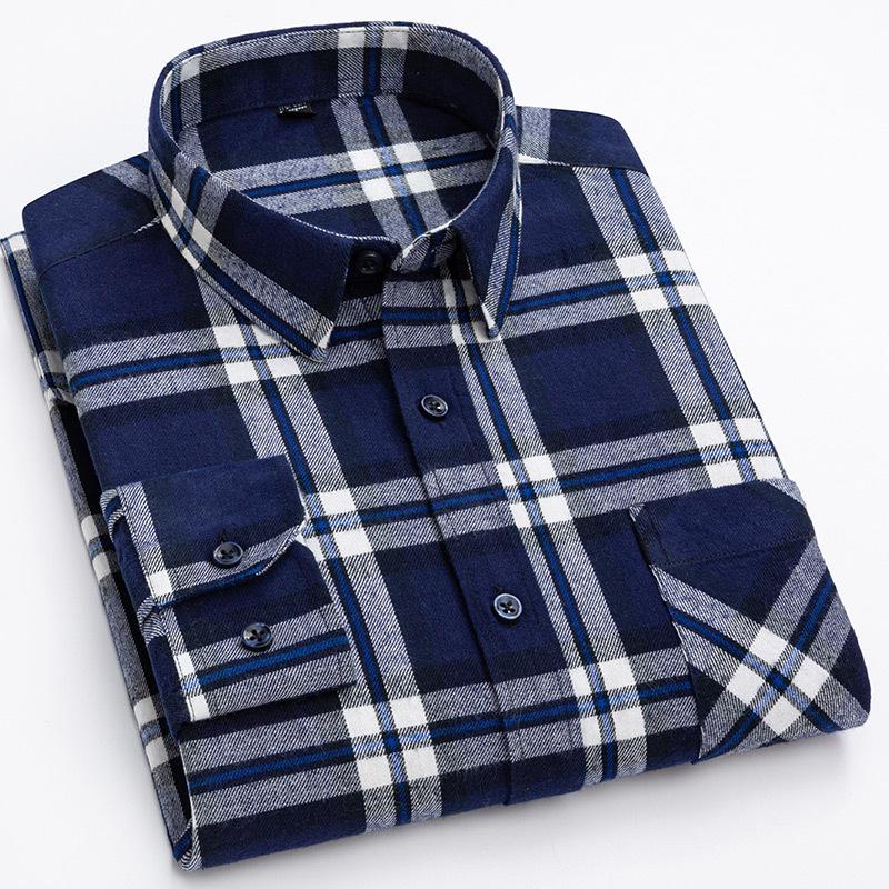 Men's Spring and Autumn Brushed Cotton Top Plaid T-shirt Casual Long Sleeve Turn Down Collar Shirt