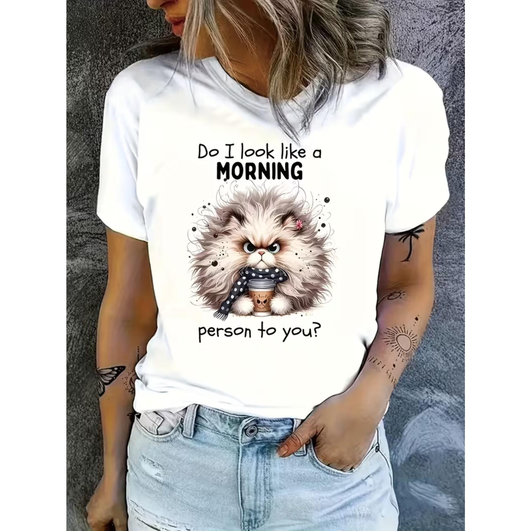 

Funny Do I Look Like A Morning Person Cartoon Cat Graphic T-Shirt - Casual Short Sleeve Round Neck Tee XXL білий