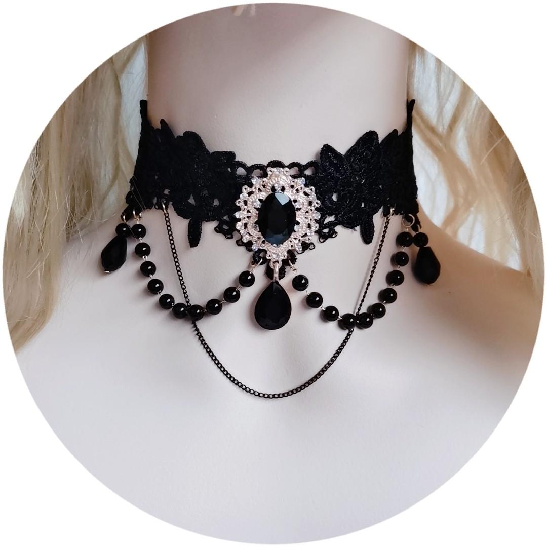 Elegant Gothic Lace Choker Necklace Halloween Vintage Pearl Necklaces with Crown Halloween Victorian Lolita Costume Accessories