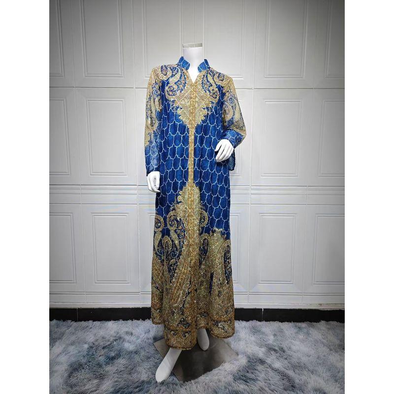 

Middle East Dubai New Fashion Print Long sleeve dress Embroidered Printed Long Dress Blue 2XL