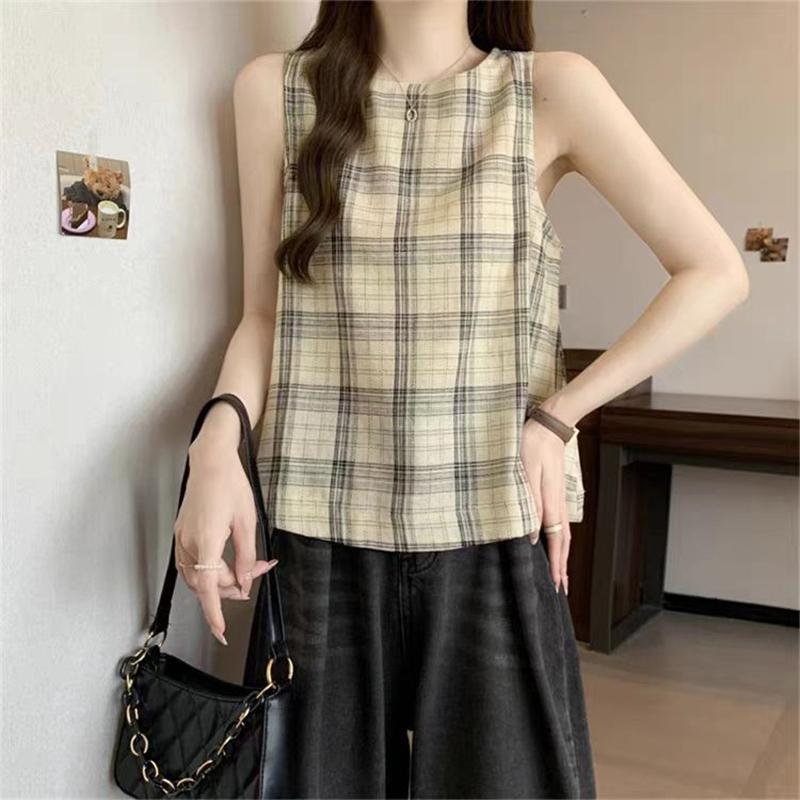 ZANZEA Women Summer Round Neck Sleeveless Grid Print Tank Tops