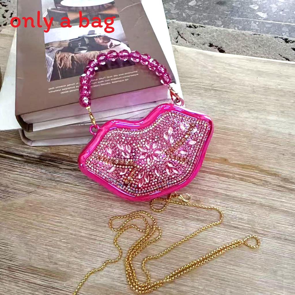 Mini Metal Lip Clutch Bag With Chain And Rhinestones For Evening Parties