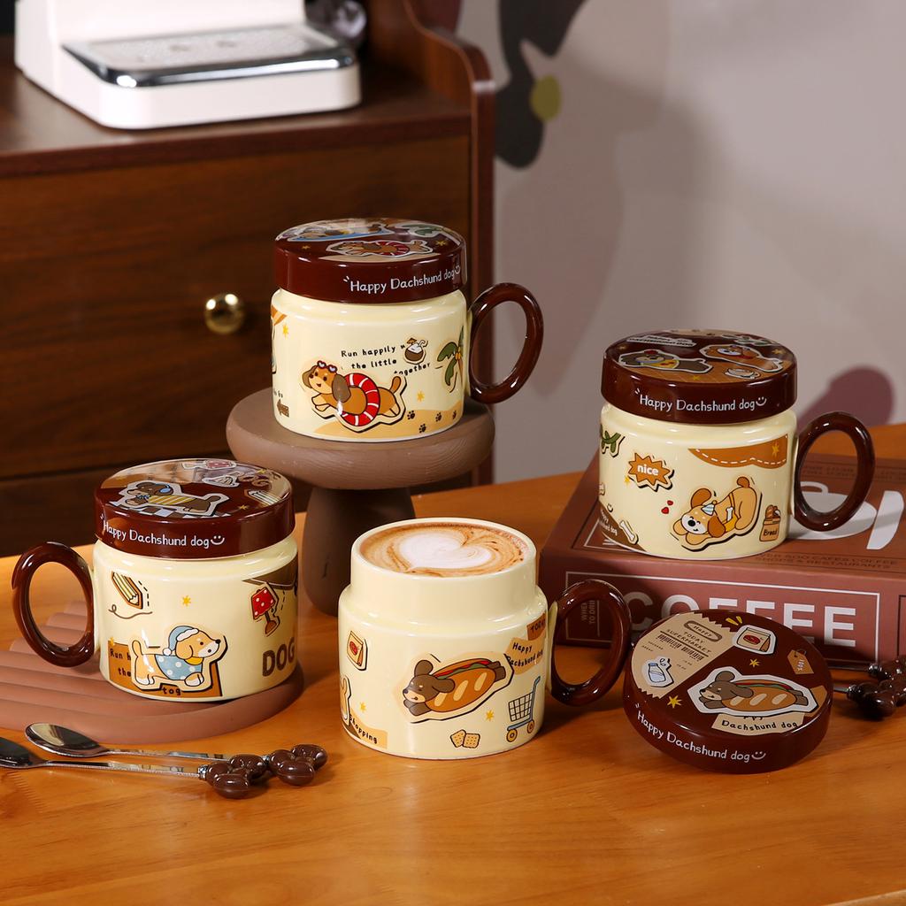Dackel Keramik Wasserbecher Süße Tasse mit Deckel und Löffel Kreativer Jungenstil Kinder Frühstückstasse Große Kapazität