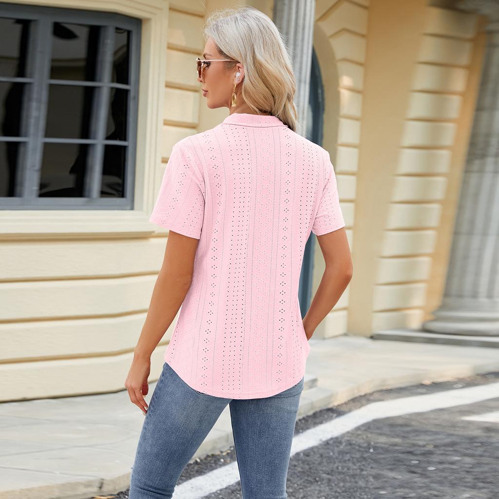 Women's Spring and Summer New, V-neck Jacquard, Loose Tops, Lapel Swallowtail, Short Sleeve T-shirt