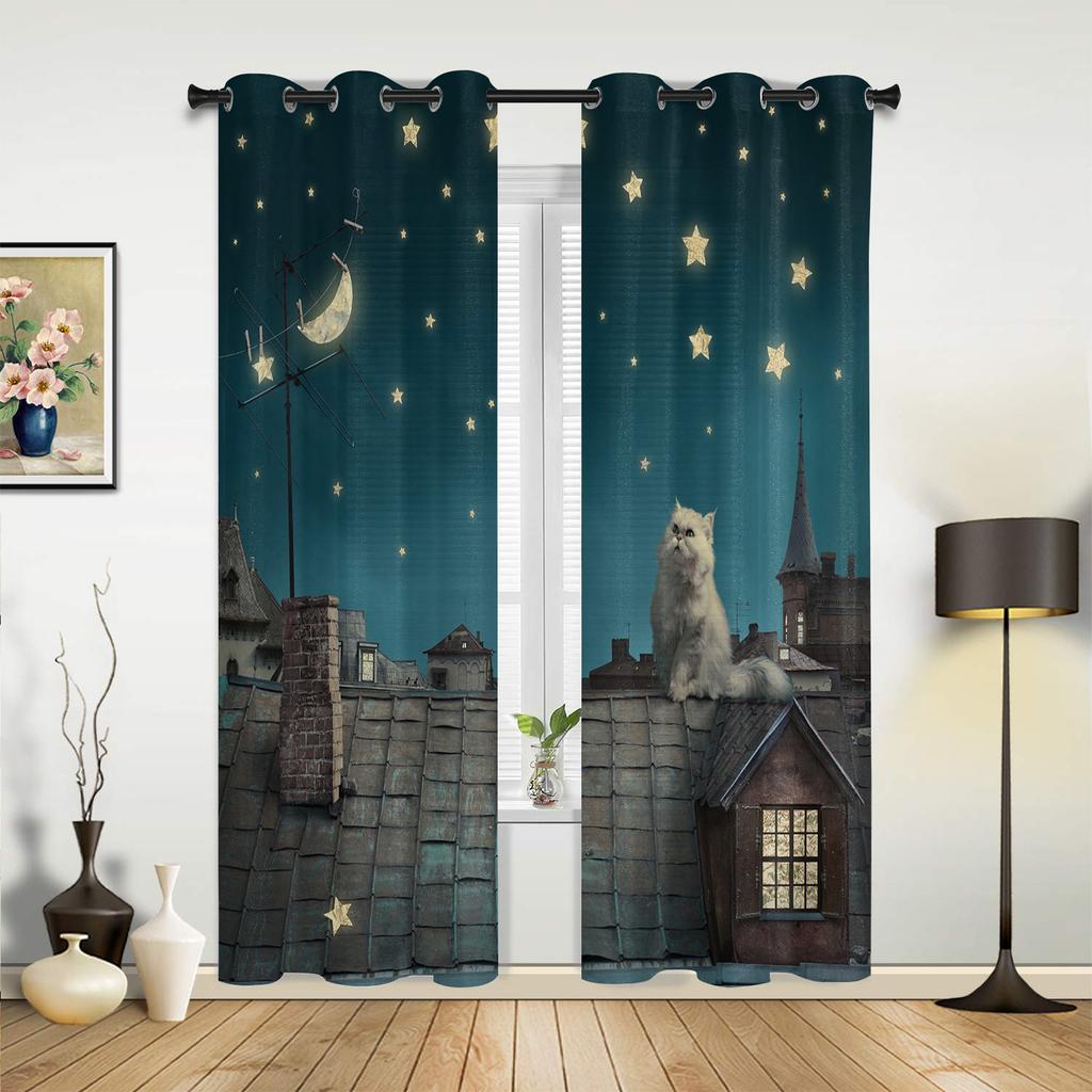 Cortinas de corda de gato de desenho animado para quarto, sala de estar, cortinas de cozinha, quarto infantil, cortina de janela, decoração moderna para casa