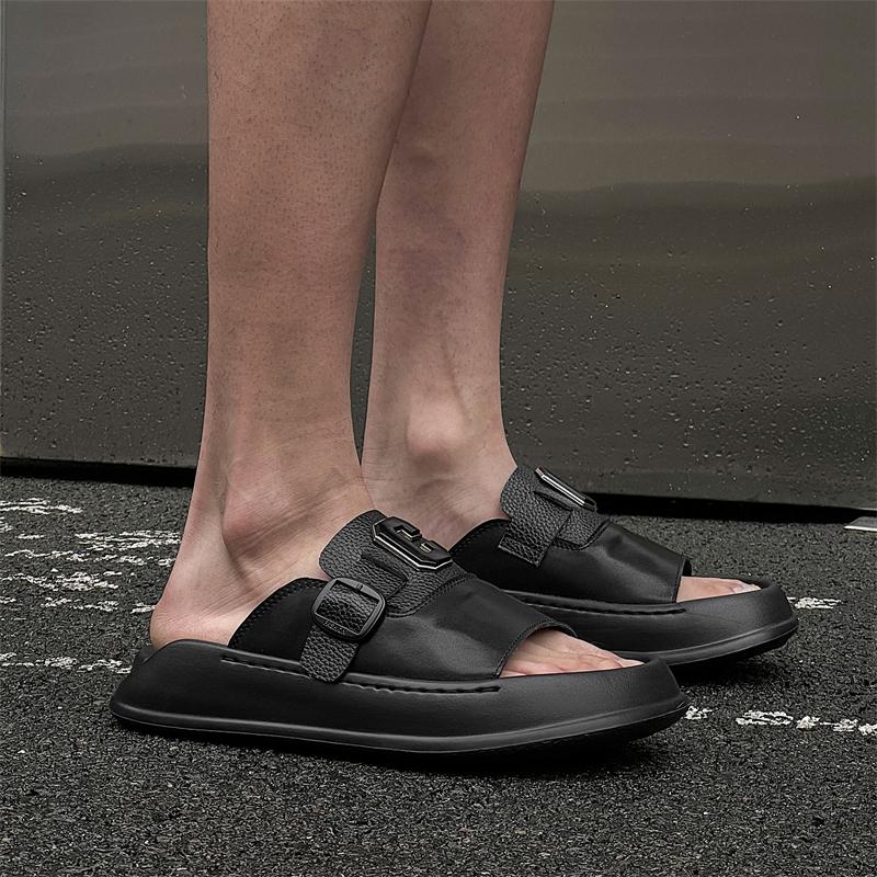 Fashion High Quality Luxury Men's Half Drag Summer Leather Slippers Cool Breathable Anti-Slip Flats Outdoor Trendy Beach Walking Shoes
