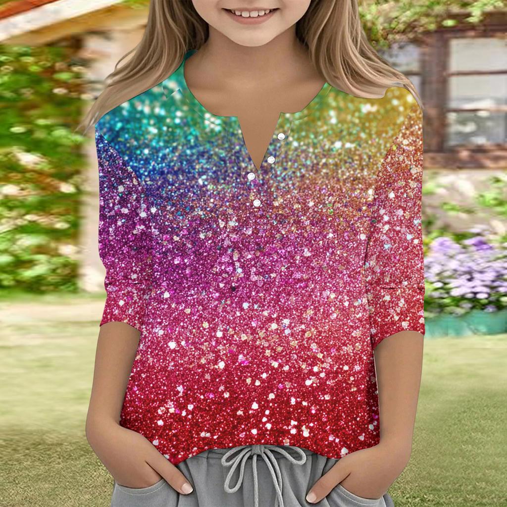 Print Tops For Youth Girls V Neck Button 3/4 Sleeves T-Shirts Trendy Tops Outfit Tees