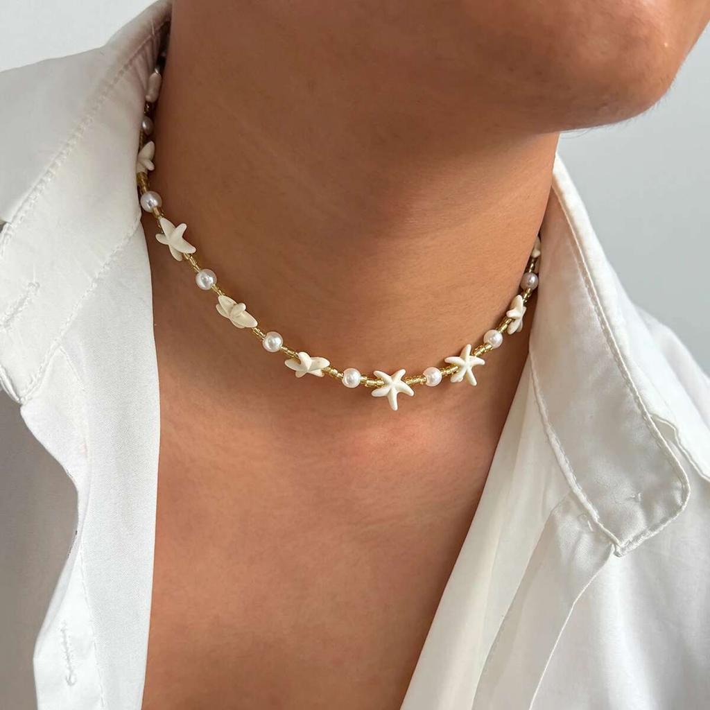 SHIXIN Boho Starfish Short Choker Necklace for Men Trendy Imitation Pearl Acrylic Beaded Necklace Male Summer Beach Neck Jewelry