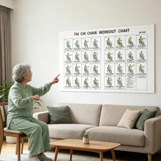 30-Tage Stuhl-Tai-Chi-Übungsplakat für Senioren Leinwanddruck Übungskarte mit sitzenden Haltungen Fitnessgeschenk für ältere Anfänger Physiotherapie