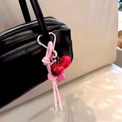 1Pc Mobile Phone Sling Leather Rope Cherry Keychain Pin Car Keychain Pendant 3D Korean Series Cherry Heart Color Collision INS