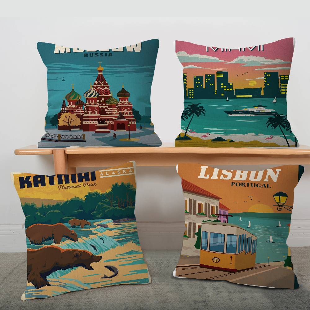 Vintage Travel City National Park Landscape 45*45cm Cushion Cover Pillow Cover Decor Pillowcase Home Pillowcase for Couch Pillow
