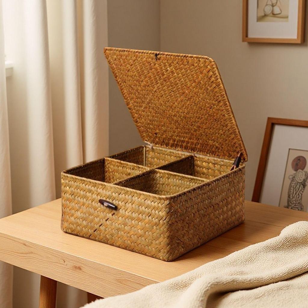 Seagrass Woven Cattail Desktop Storage Box with Lid - 4-Compartment Organizer for Cosmetics, Tea, Coffee Table, or Mooncakes
