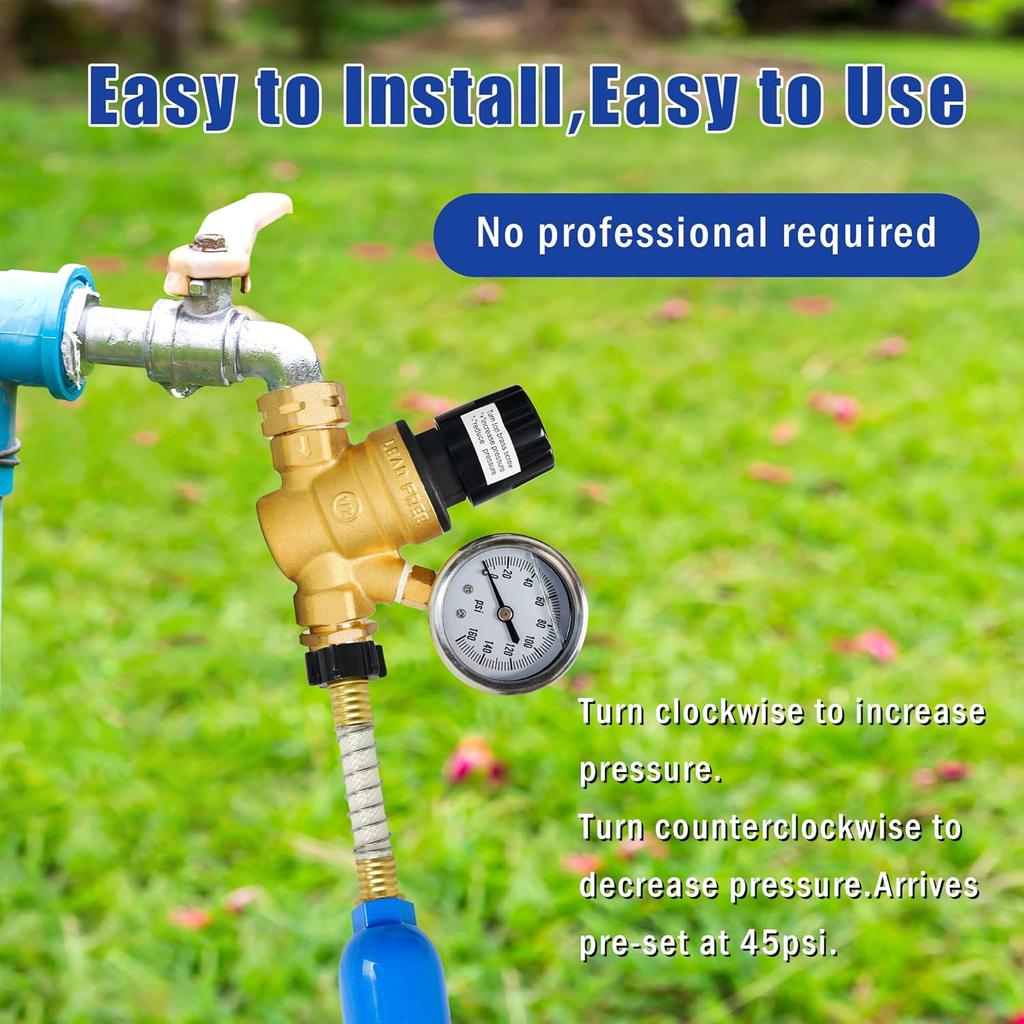 Hourleey RV Water Pressure Regulator, Adjustable Handle Brass Water Pressure Regulator, Water Pressure Reducer with Gauge and Inlet Screened Filter