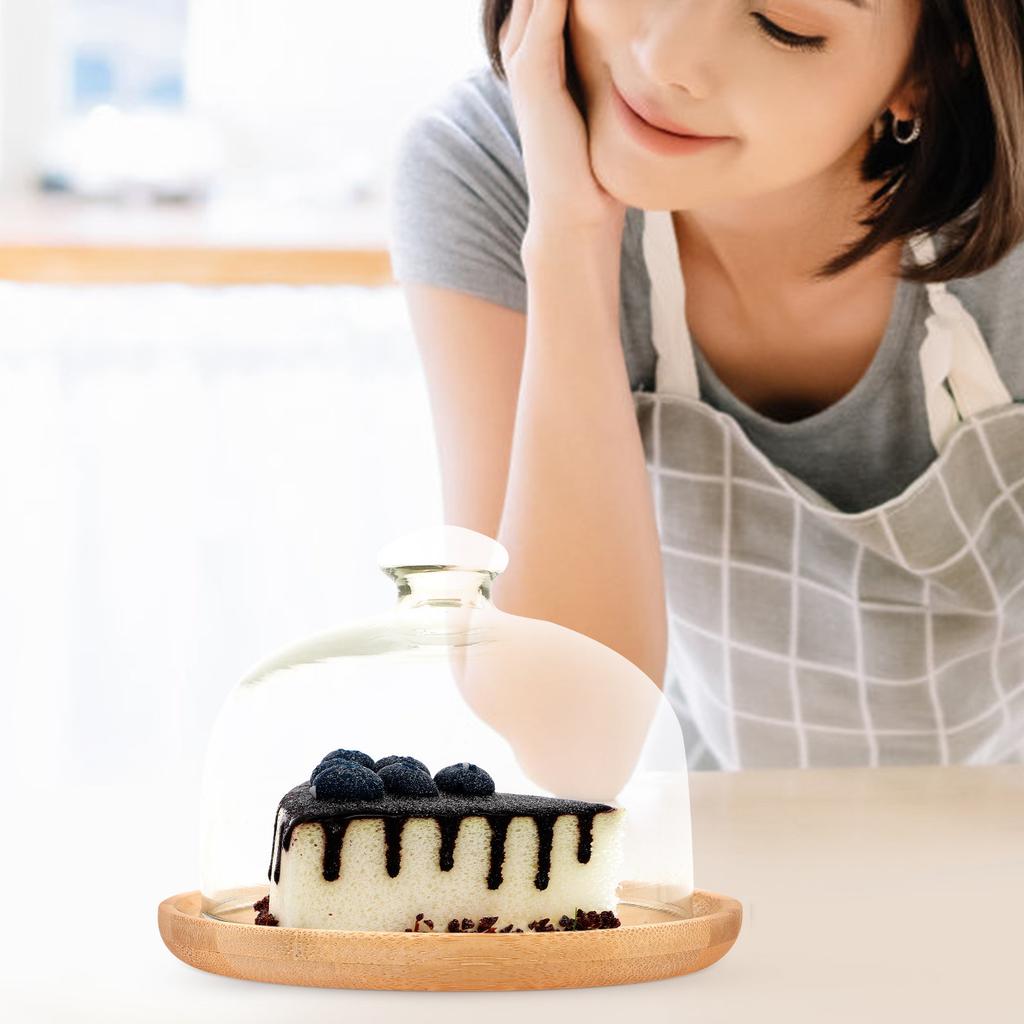 Wooden Cake Tray with Clear Glass Dome Lid Round Dessert Display Server Plate for Cupcakes Cookies Fruits Muffins Baking Storage