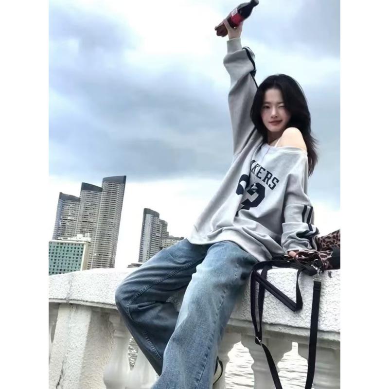 Damen Schräg-Schulter Langarm Retro T-Shirt - Frühling/Herbst 2025