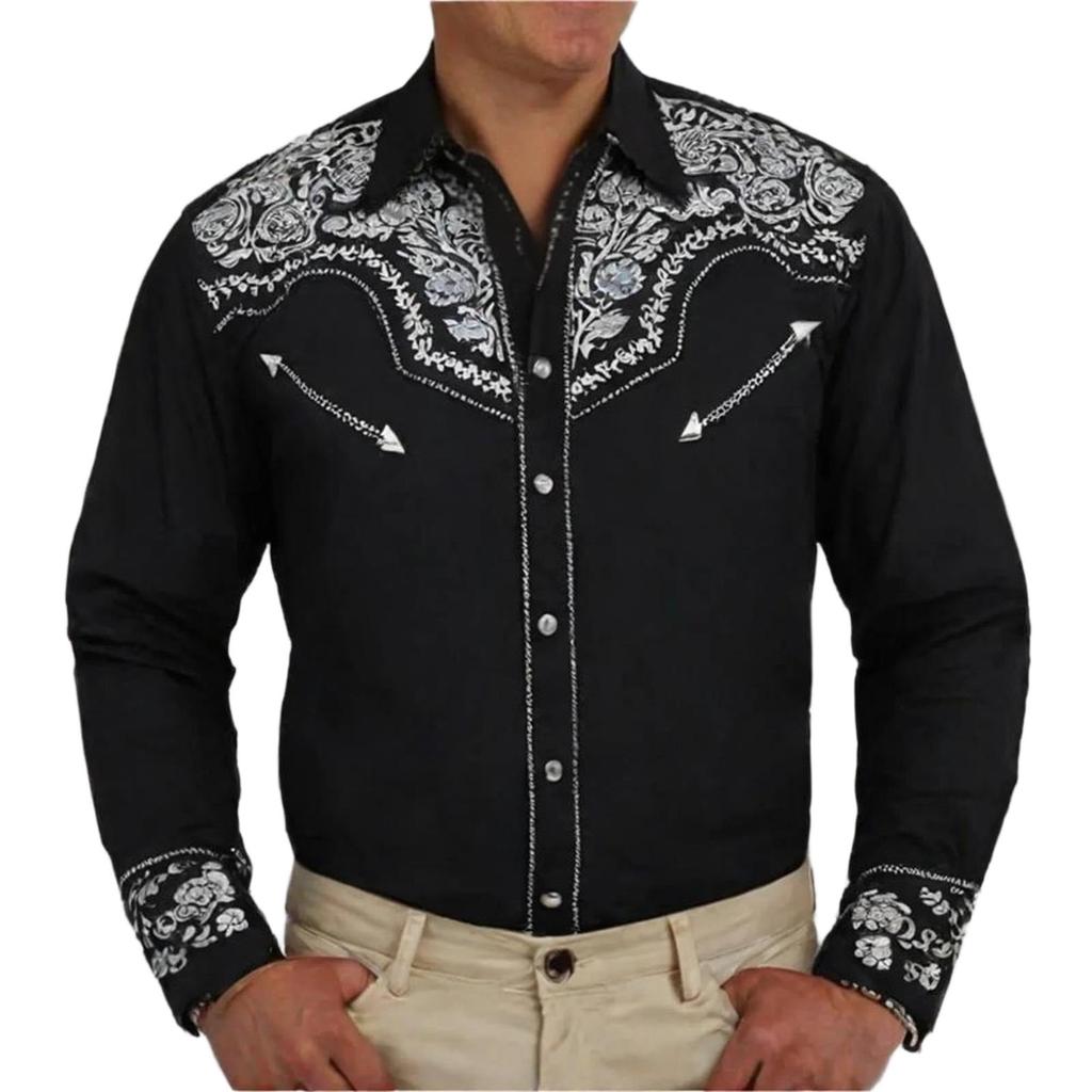 Men's Western Shirt Long Sleeve Embroidered Vintage Party Top with Decorative Pattern Fit Costume