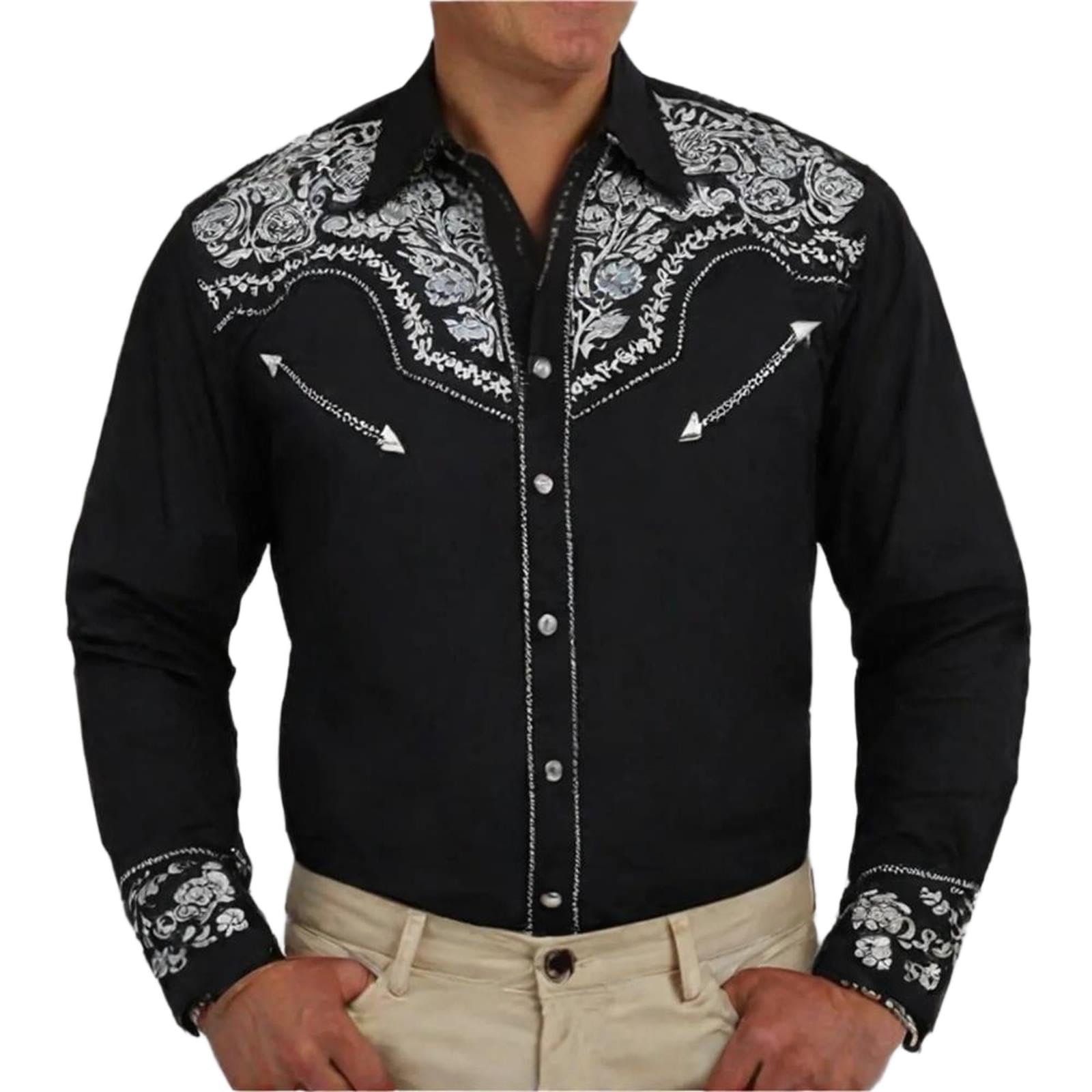 Herren Westernhemd Langarm Bestickt Vintage Party Oberteil mit Dekorativem Muster Passendes Kostüm M weiß