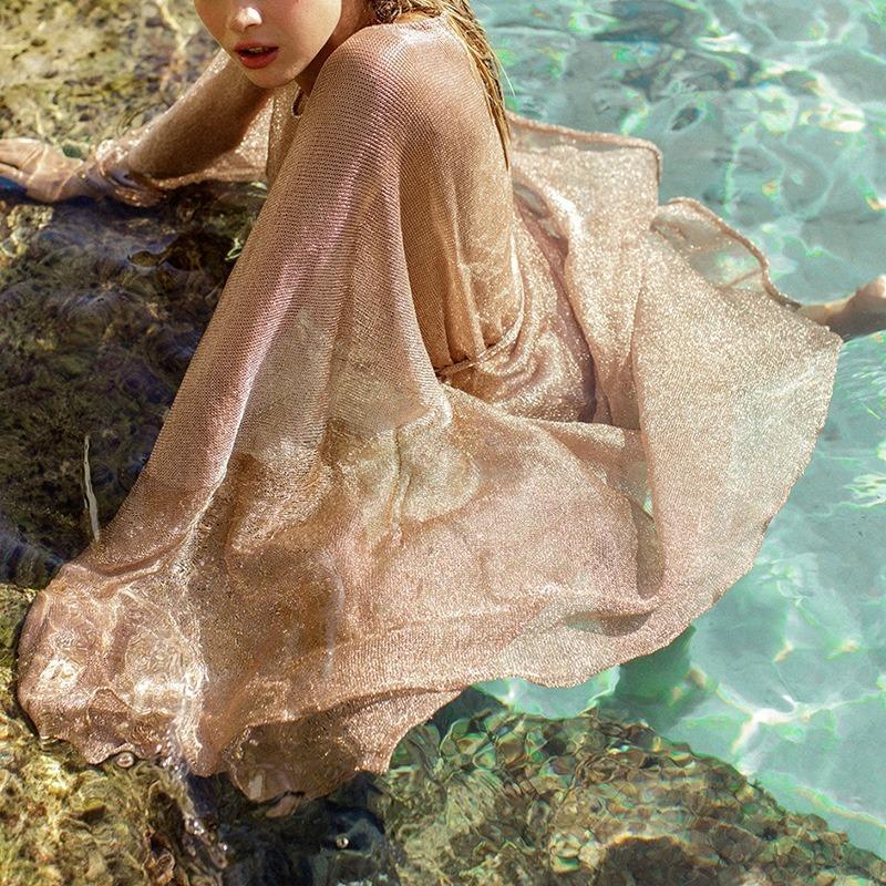 Women Beach Cover Up See Through Gossamer Sexy Bikini Sash Belt Long Beach Dress Summer Translucent Accessory Birthday Gift