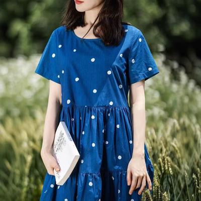 Blue Polka Dot Cotton Dress Women's Summer 2025 New Loose Round Neck Short-sleeved Temperament Long Dress