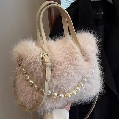 2025 Winter New Soft Plush Portable Female Mini Handbags Fashion Versatile Pearl Small Square Women's Crossbody Bag Soft Texture Ladies Messenger Bags
