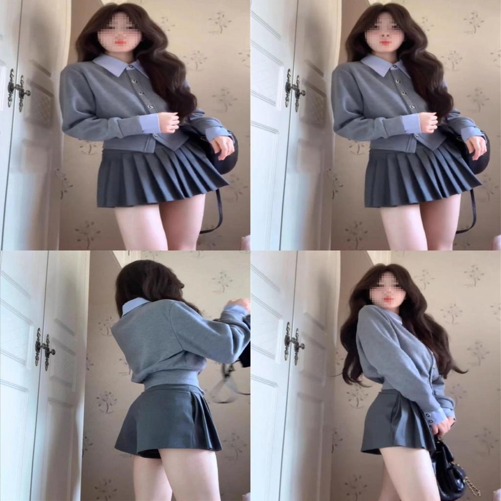 French Sweet Style Girl Long Sleeve Top And Short Skirt Set For Fall Fashion