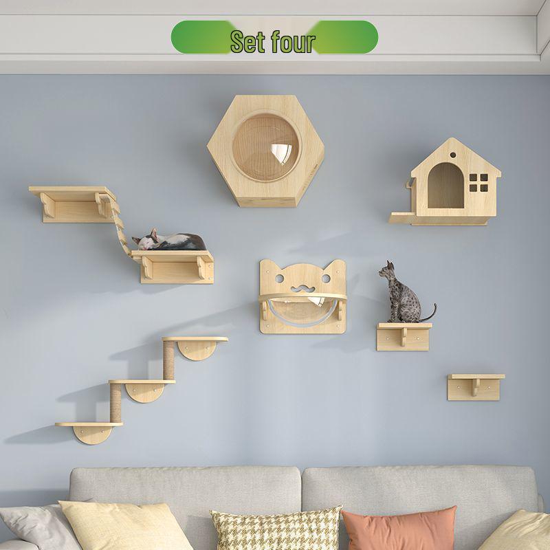 Wall-Mounted Solid Wood Cat Climbing Frame with Bed, Jumping Platform, and Scratching Post