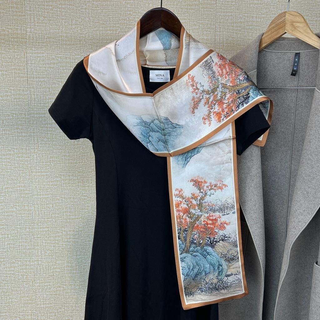 Silk Mulberry Silk Scarf, National Style Ink Painting, Versatile Double-Layer Double-Sided Silk Scarf, Thin And Narrow Scarf, Streamer.