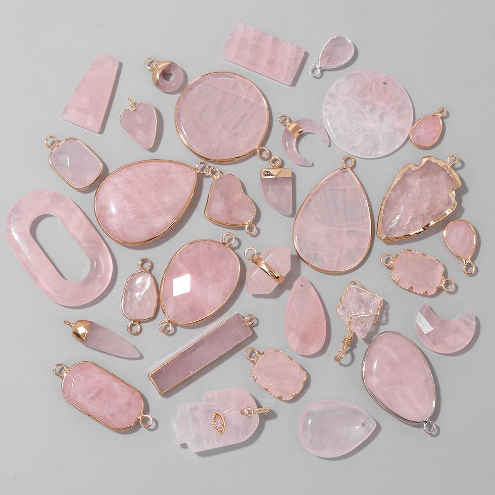 2pcs Natural Rose Pink Crystal Quartz Stone Pendant Conector Charm For Handmade Women Necklace Bracelet Earring Jewelry Making