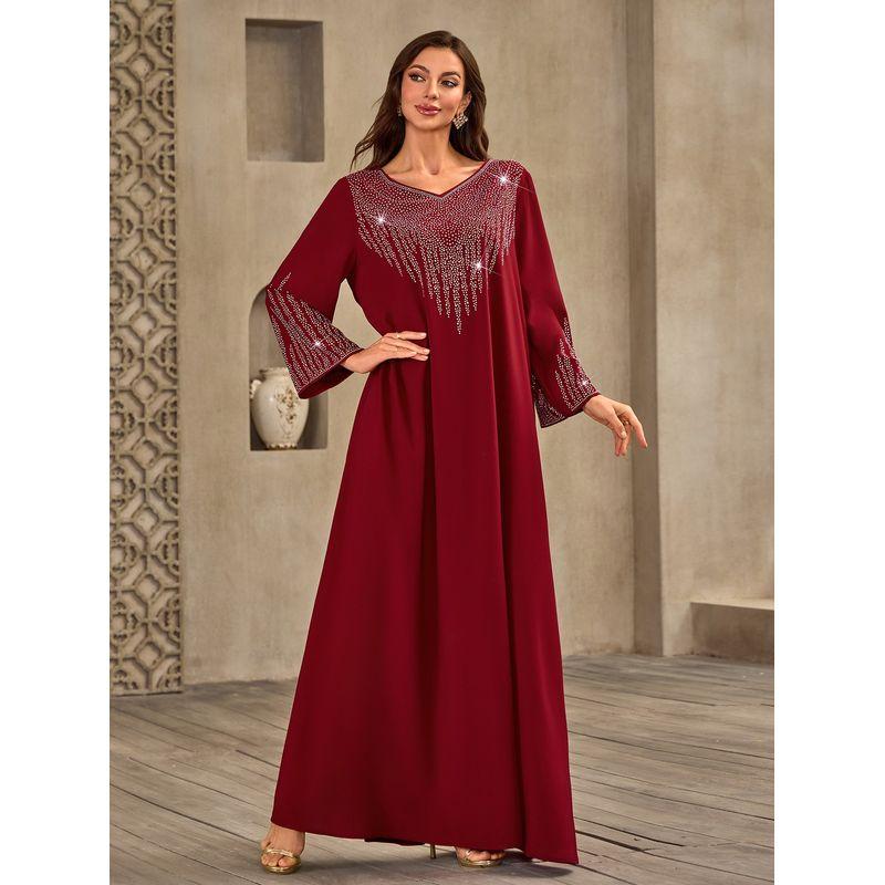 

Ближневосточная женская одежда Мода Стразы V-образный вырез Повседневное Свободное Дубайское арабское платье Новинка Платье больших размеров Платье Dark red 2XL